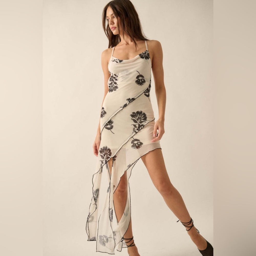 12th Tribe Floral Mesh Asymmetrical Mini Dress Size Small